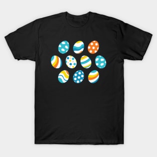 Egg Pattern | Blue Yellow Orange | Stripes Clouds Flowers Dots | Black T-Shirt